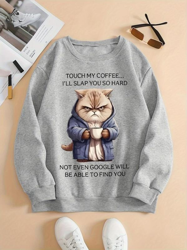 Women's Cat & Letter Print Drop Shoulder Sweatshirt, Casual Long Sleeve Round Neck Pullover for Fall & Winter, Ladies...