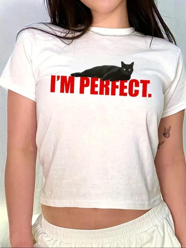 Women's Cat & Letter Print Round Neck Crop Tee, Fashion Casual Crew Neck T-shirt for Daily Holiday Vacation Outdoor Wear,...