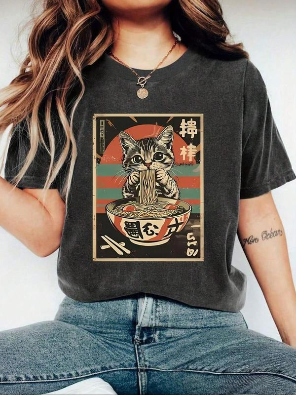 Women's Cat & Letter Print Round Neck Tee, Vintage Trendy Casual Short Sleeve T-shirt for Daily Wear, Ladies Summer...