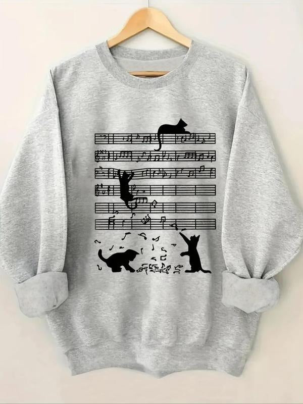 Women's Cat & Music Note Print Drop Shoulder Sweatshirt, Casual Long Sleeve Round Neck Pullover for Fall & Winter, Ladies...