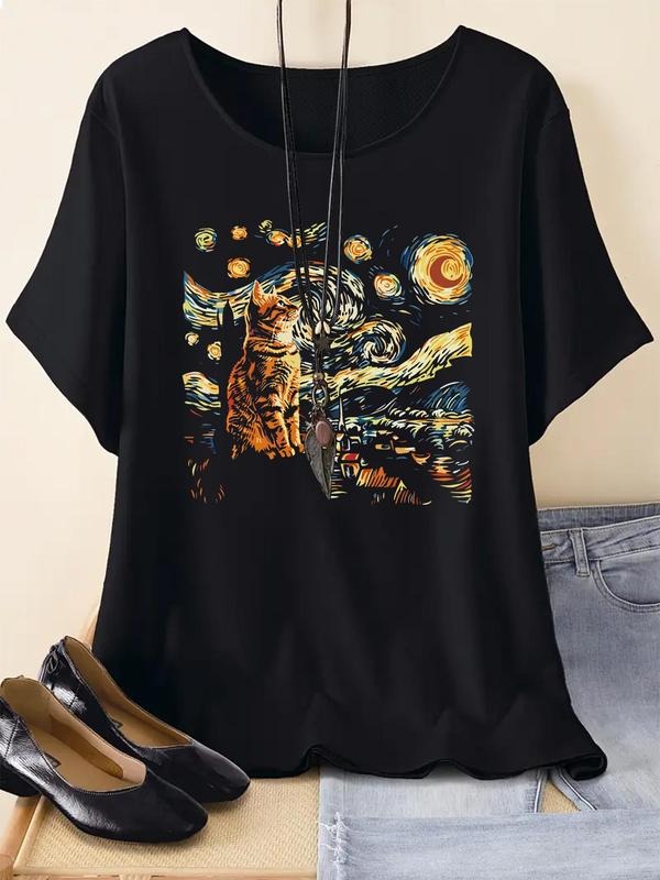 Women's Cat & Starry Night Print Round Neck Tee, Casual Short Sleeve Crew Neck T-Shirt for Summer, Fashion Women's Top...