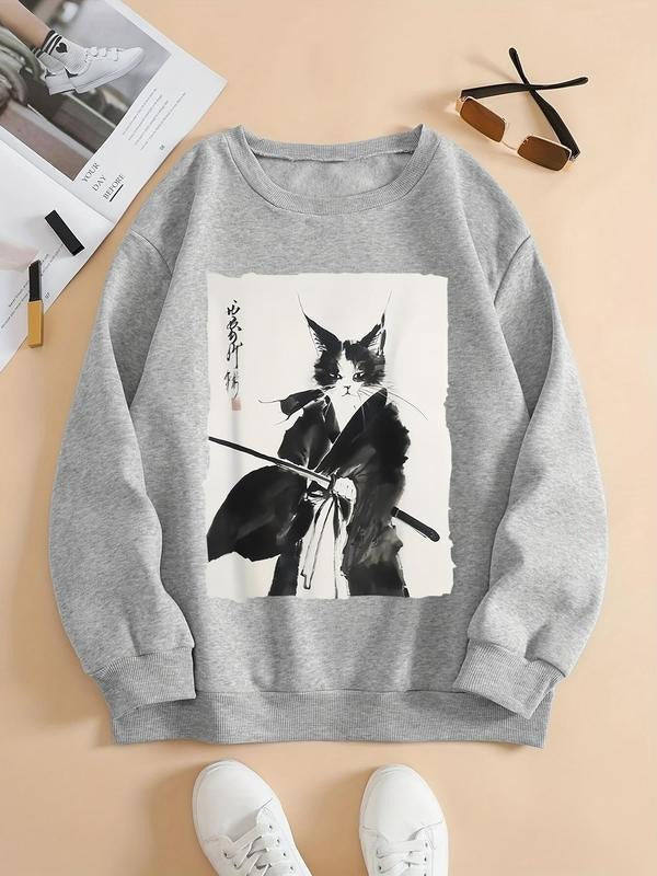 Women's Cat & Sword Print Crew Neck Sweatshirt, Casual Long Sleeve Pullover for Fall & Winter, Women's Clothes for Daily...