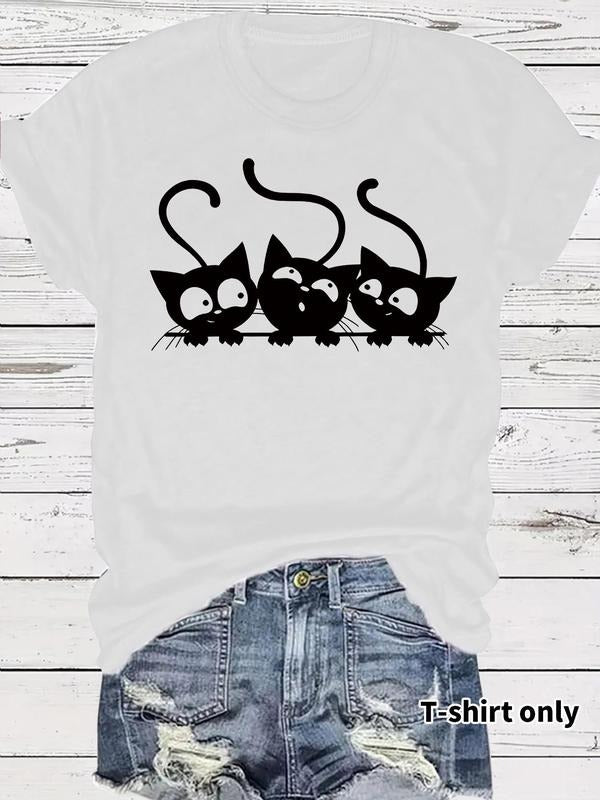 Women's Cat Print Round Neck Tee, Casual Short Sleeve Crew Neck T-shirt for Summer, Fashion Women's Top for Daily Wear...