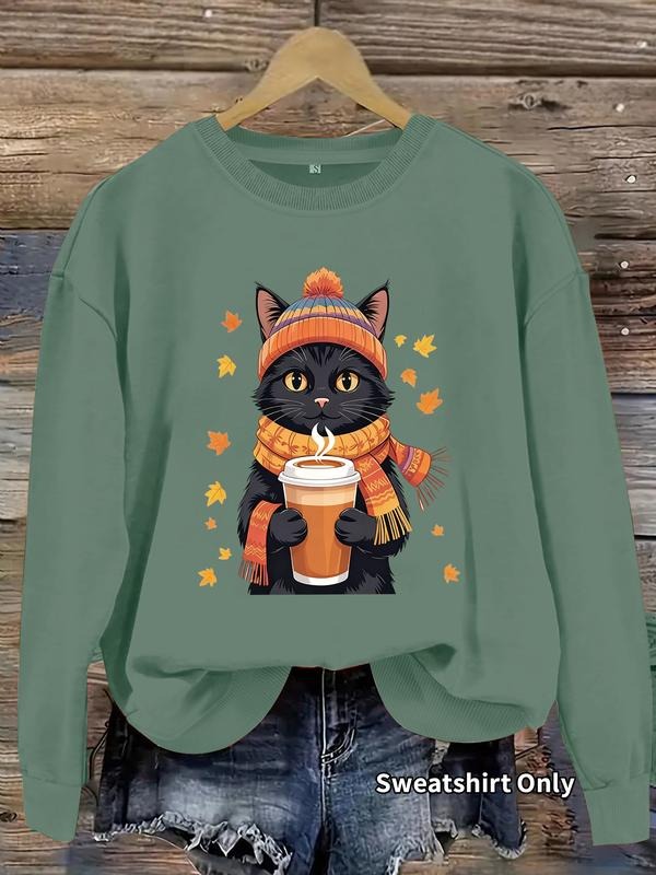 Women's Cat Print Sweatshirt, Graduation Long Sleeve Top, Back-To-School Clothing, Teacher, Fall & Winter Fitted Pullover...