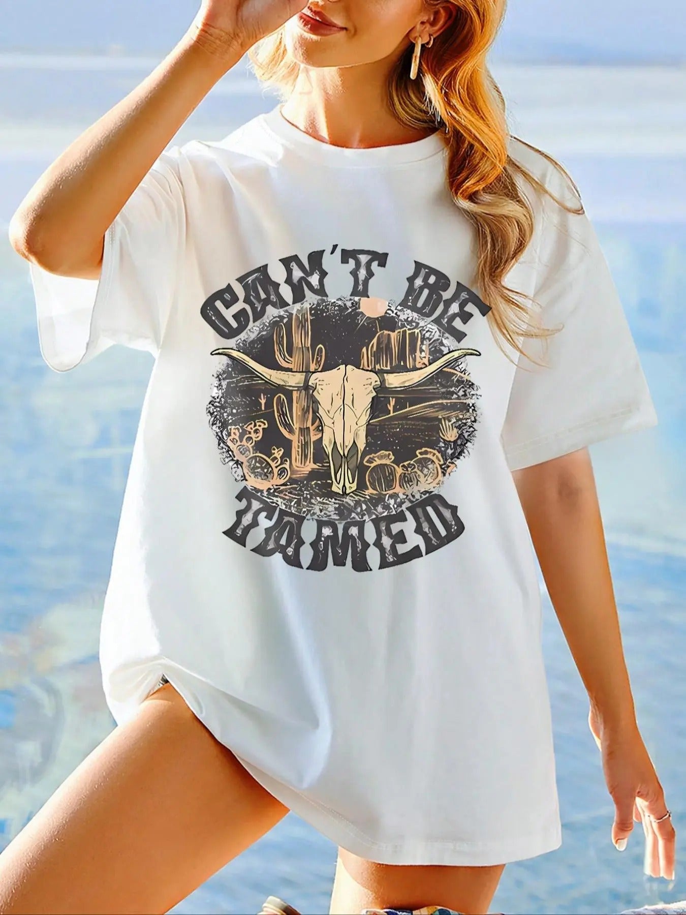 Women's Cattle & Letter Print Round Neck Graphic Tee, Vintage Trendy Casual Drop Shoulder Half Sleeve T-shirt for Daily...