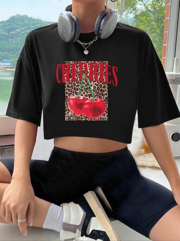 Women's Cherries & Letter Print Crop Tee, Casual Short Sleeve Round Neck T-shirt for Summer, Ladies Clothes for Daily...