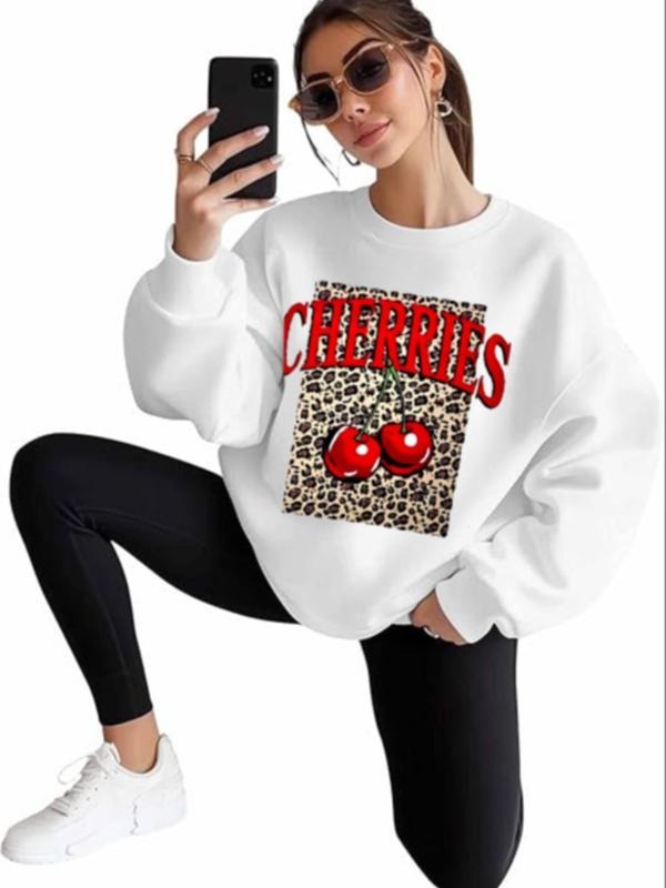 Women's Cherries Print Loose Crew Neck Pullover, Fashion Casual Leopard Print Sweatshirt for Daily Holiday Outdoor Wear,...
