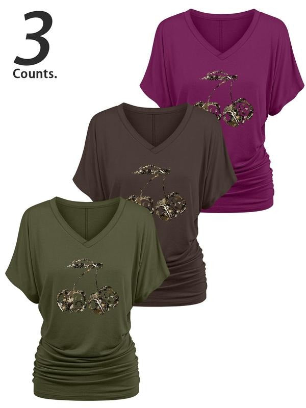 Women's Cherry & Batwing Print V Neck Tee, Casual Camo Print Short Sleeve T-Shirt for Daily Wear, Ladies Clothes for All...