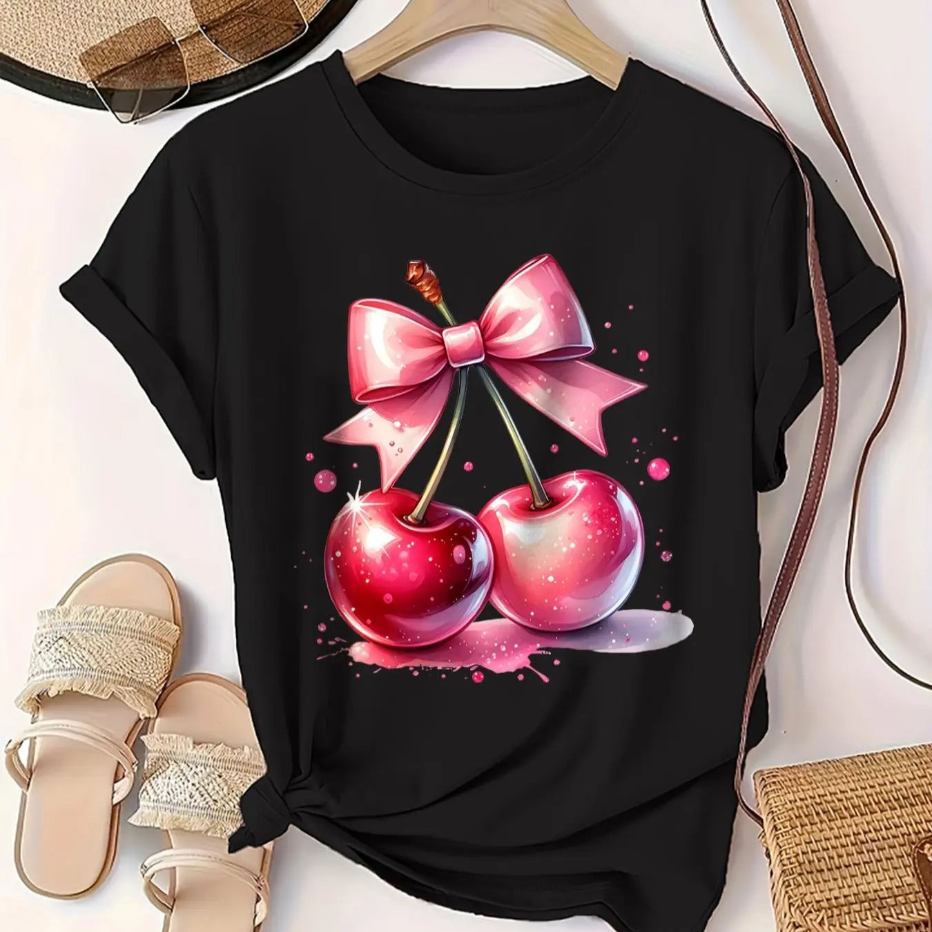Women's Cherry & Bow Print Round Neck Graphic Tee, Vintage Trendy Casual Short Sleeve T-shirt for Daily Wear, Ladies All...