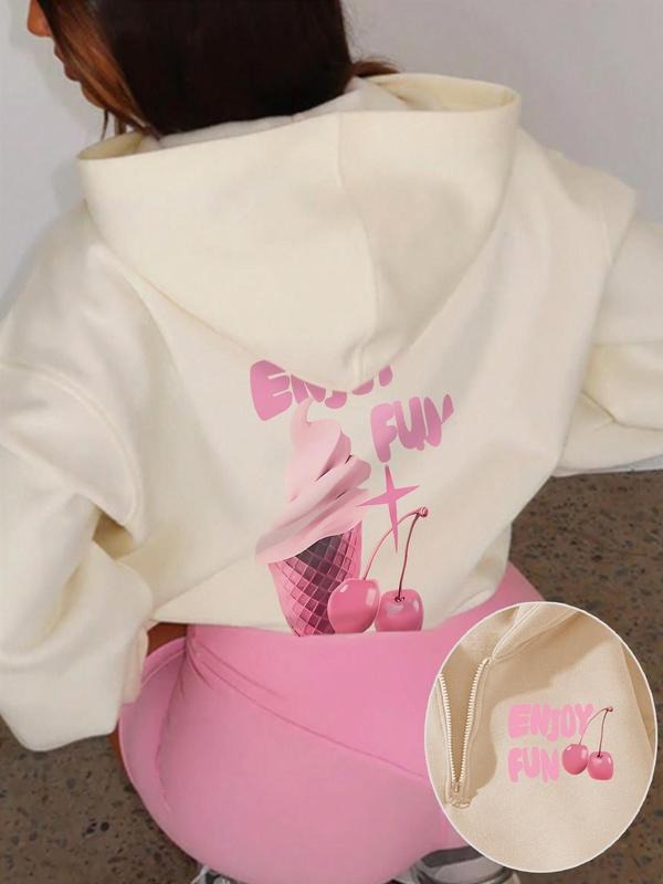 Women's Cherry & Ice Cream Print Hoodie, Fashion Casual Hooded Sweatshirt for Daily Holiday Outdoor Wear, Women Clothing...