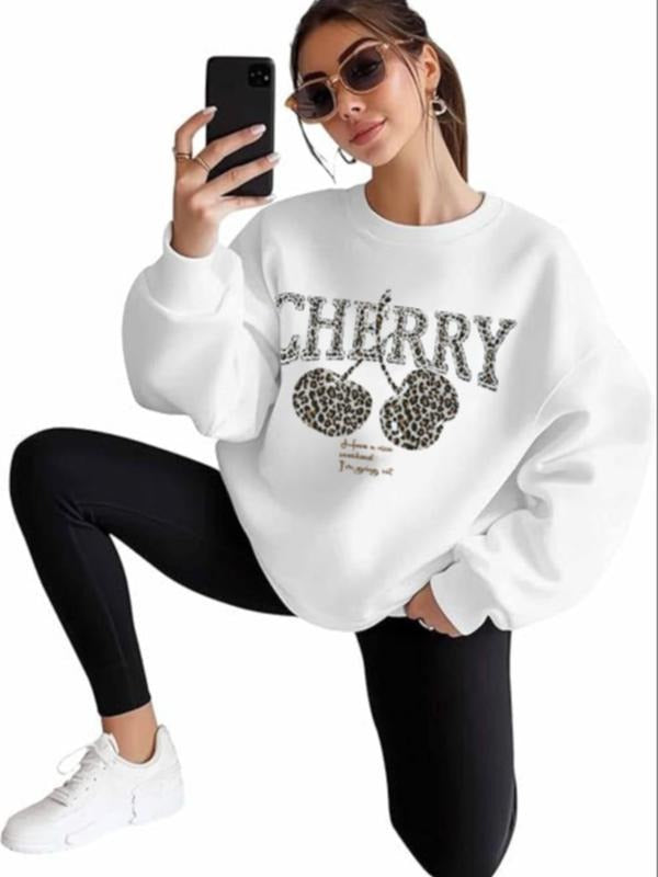 Women's Cherry & Letter Print Crew Neck Sweatshirt, Casual Long Sleeve Pullover for Daily Wear, Ladies Clothes for All...
