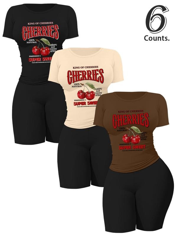 Women's Cherry & Letter Print Crop Tee & Skinny Shorts Set, Casual Short Sleeve T-shirt & Shorts, Ladies Summer Clothes,...