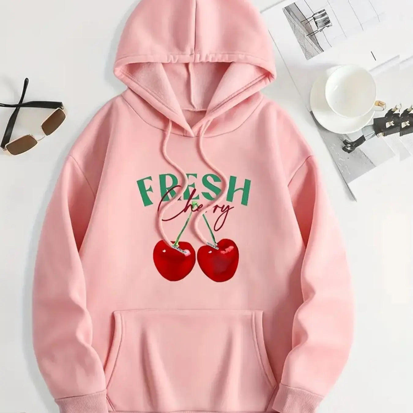 Women's Cherry & Letter Print Drawstring Hoodie, Fashion Casual Hooded Sweatshirt for Daily Holiday Outdoor Wear, Women...
