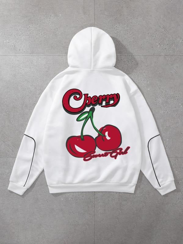 Women's Cherry & Letter Print Drop Shoulder Hoodie, Fashion Casual Drawstring Hooded Sweatshirt for Daily Holiday Outdoor...
