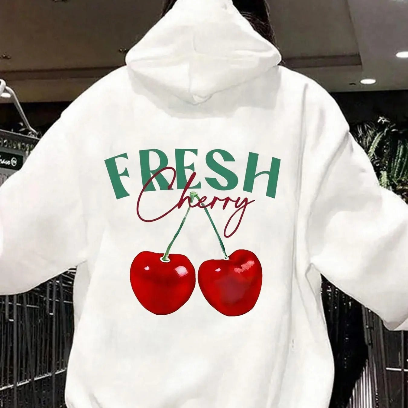 Women's Cherry & Letter Print Drop Shoulder Hoodie, Fashion Casual Drawstring Pocket Hooded Sweatshirt for Daily Holiday...
