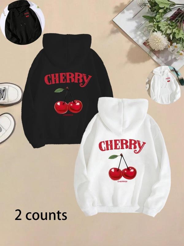 Women's Cherry & Letter Print Drop Shoulder Hoodie, Fashion Casual Drawstring Pocket Hooded Sweatshirt for Daily Holiday...