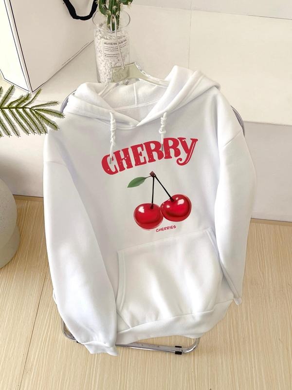 Women's Cherry & Letter Print Drop Shoulder Hoodie, Fashion Casual Drawstring Pocket Hooded Sweatshirt for Daily Holiday...