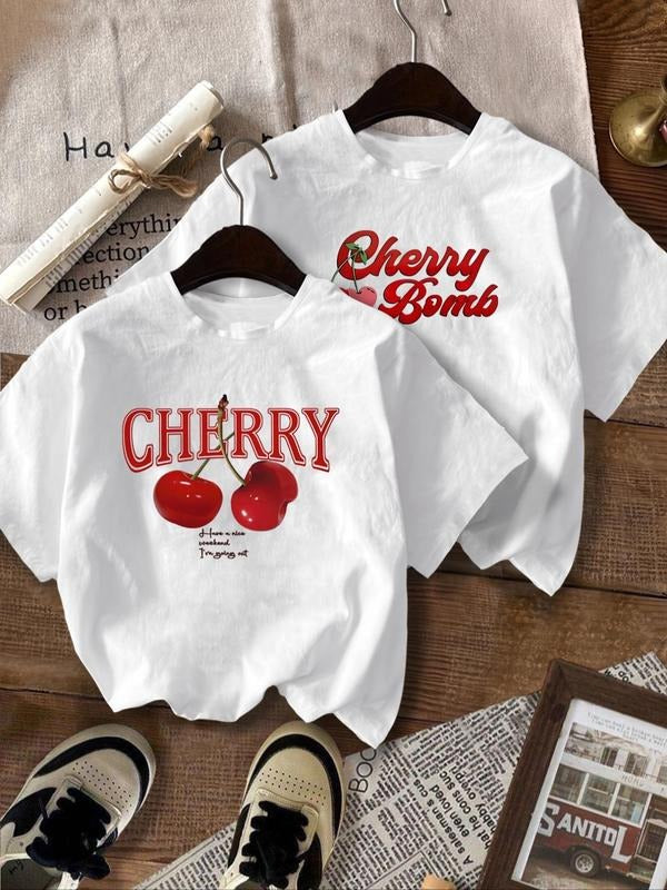 Women's Cherry & Letter Print Drop Shoulder Tee, Casual Short Sleeve Round Neck T-Shirt for Summer, Ladies Clothes for...
