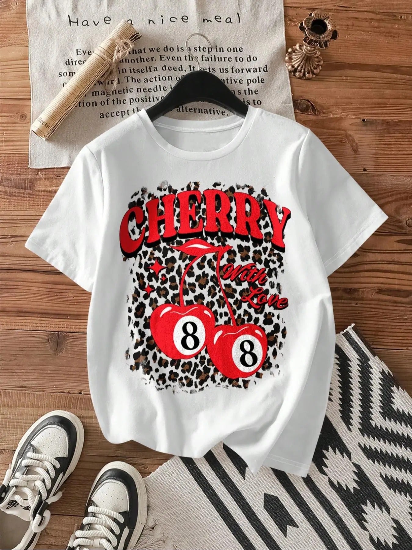 Women's Cherry & Letter Print Round Neck Graphic Tee, Vintage Trendy Casual Short Sleeve T-shirt for Daily Wear, Ladies...