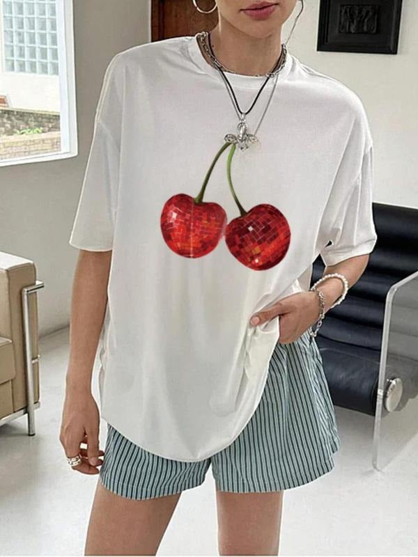 Women's Cherry & Letter Print Round Neck Tee, Casual Short Sleeve Crew Neck T-Shirt for Summer, Fashion Women's Top for...