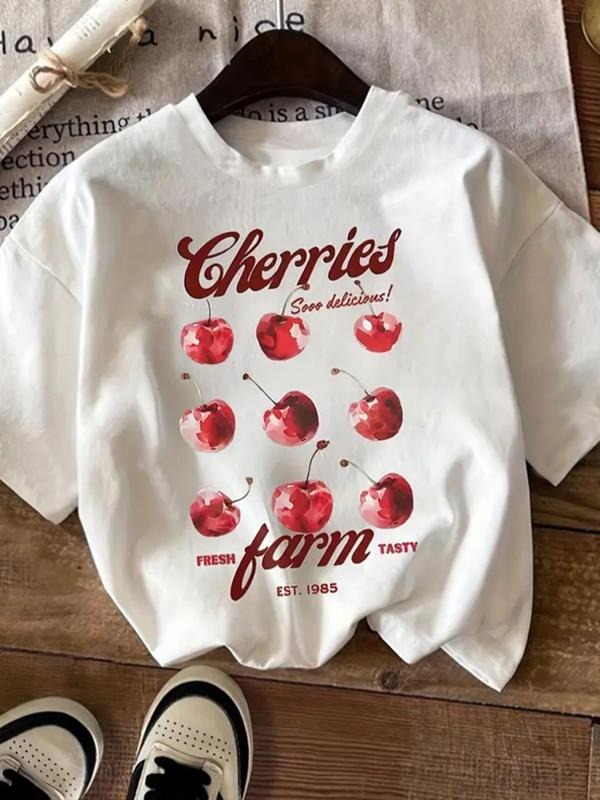 Women's Cherry & Letter Print Round Neck Tee, Fashion Casual Short Sleeve T-shirt, Ladies Summer Clothes for Daily Wear...