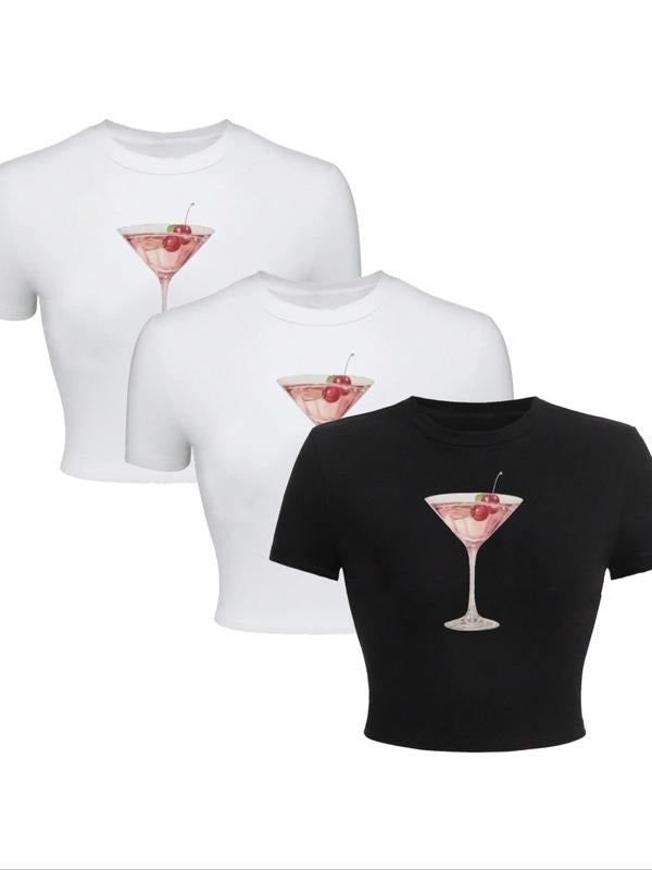 Women's Cherry Martini Cocktail Print Round Neck Crop Tee, Casual Short Sleeve Crew Neck T-shirt for Summer, Fashion...