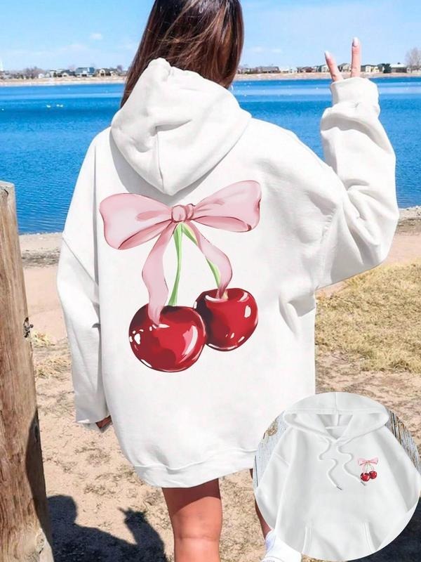 Women's Cherry Print Drop Shoulder Drawstring Hoodie, Fashion Casual Pocket Hooded Sweatshirt for Daily Holiday Outdoor...