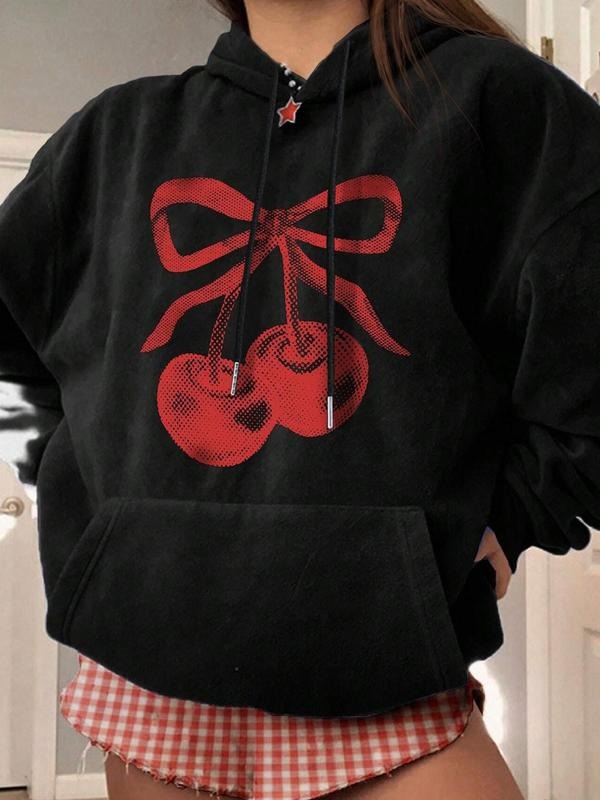 Women's Cherry Print Drop Shoulder Drawstring Hoodie, Fashion Casual Pocket Hooded Sweatshirt for Daily Holiday Outdoor...