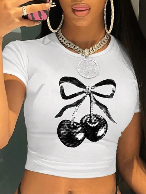 Women's Cherry Print Round Neck Crop Tee, Casual Short Sleeve Crew Neck T-shirt for Summer, Fashion Women's Top for Daily...