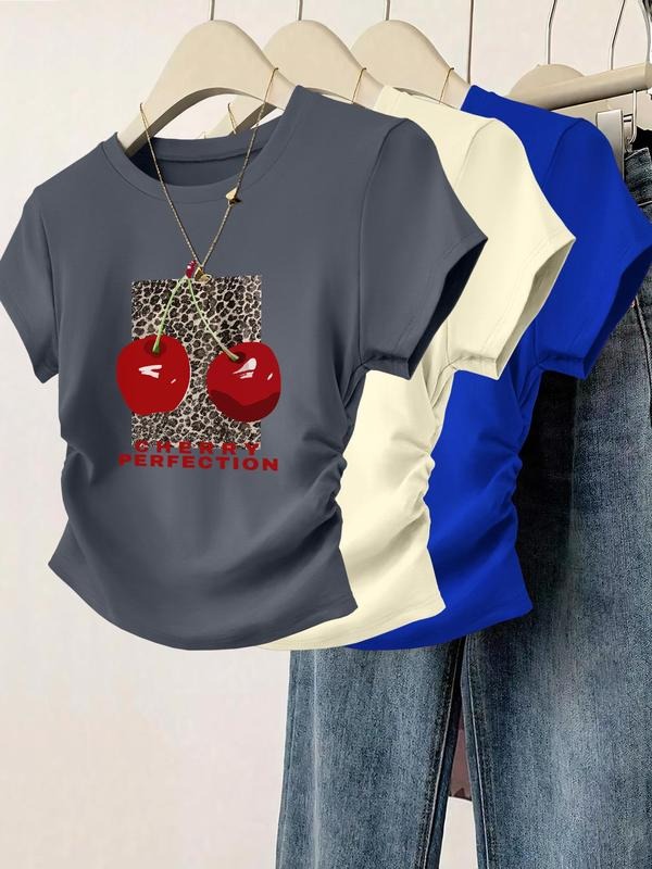 Women's Cherry Print Round Neck Tee, Casual Short Sleeve T-shirt for Daily Wear, Ladies Clothes for All Seasons, Top...