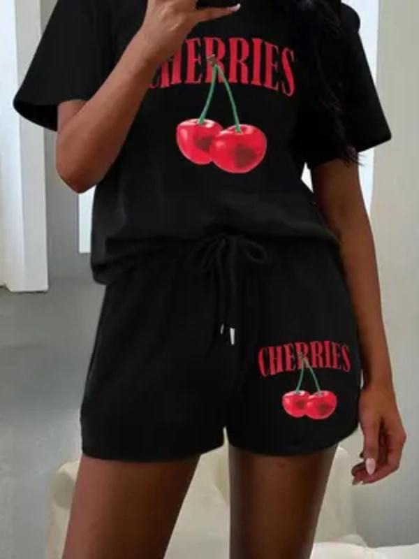 Women's Cherry Print Short Sleeve T-shirt & Shorts Set, Casual Round Neck Tee & Shorts, Summer Clothes for Daily Wear,...