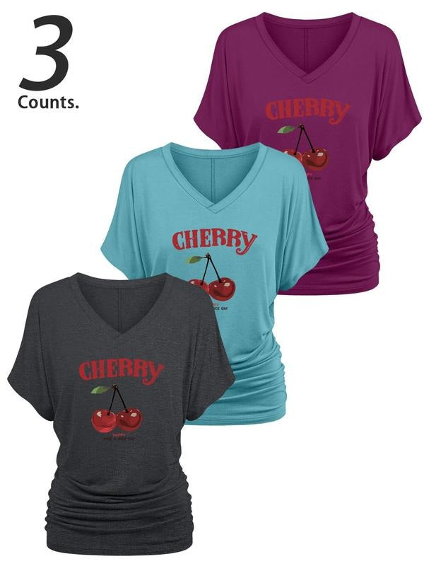 Women's Cherry Print V Neck Tee, Casual Short Sleeve T-shirt for Summer, Ladies Clothes for Daily Wear, Top Hoodie,...