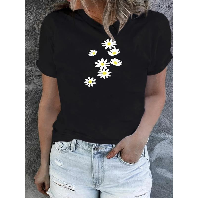 Women's Chic Black T-Shirt with White Daisy Print - 100% Cotton Casual Short Sleeve Round Neck Top, Breathable & Machine...