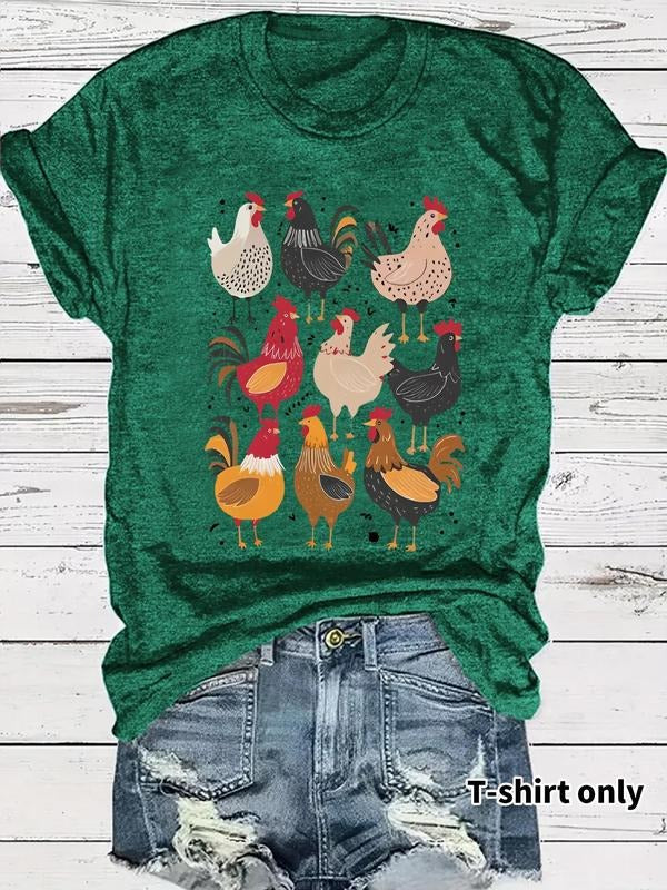 Women's Chicken Print Round Neck Tee, Casual Short Sleeve Crew Neck T-Shirt for Summer, Fashion Women's Top for Daily...