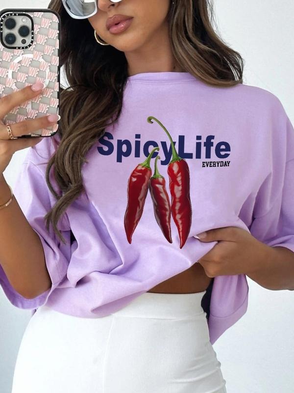 Women's Chilli Print Round Neck Sweatshirt, Casual Letter Print Crew Neck Long Sleeve Pullover for Summer, Fashion...