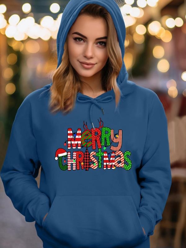 Women's Christmas & Letter Print Drawstring Pocket Hoodie, Casual Long Sleeve Hooded Sweatshirt for Fall & Winter,...