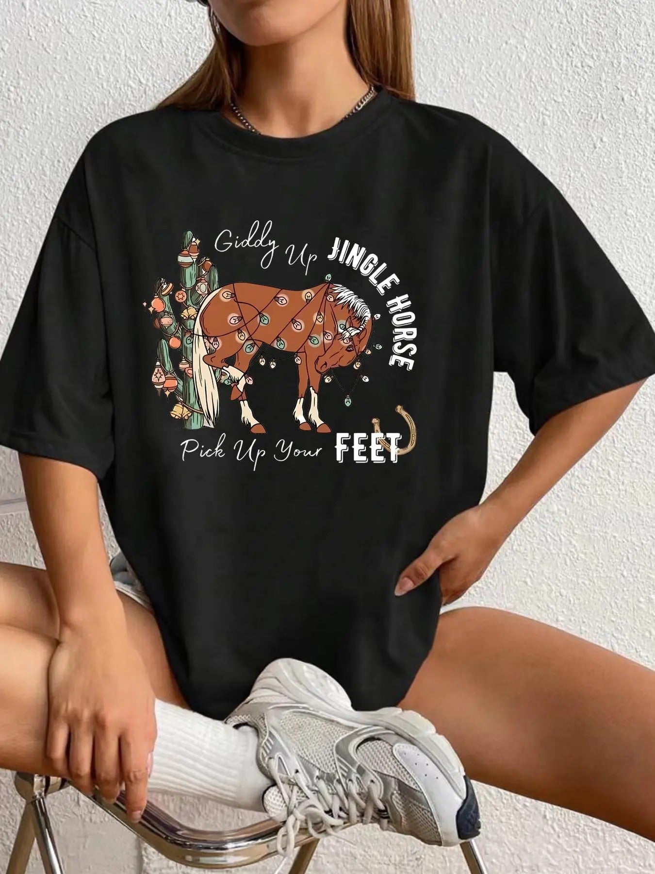 Women's Christmas Animal & Letter Print Drop Shoulder Tee, Casual Half Sleeve Round Neck T-shirt for Summer, Women's Top...