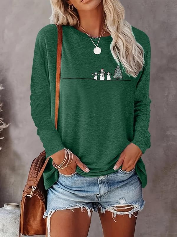Women's Christmas Cartoon Print Round Neck Tee, Fashion Casual Crew Neck Long Sleeve T-shirt for Daily Holiday Vacation...