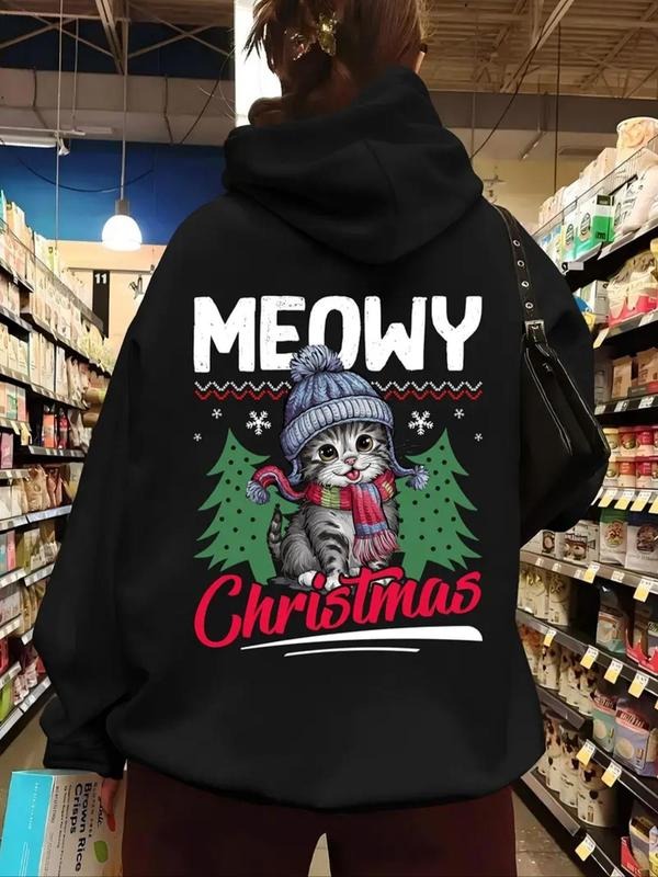 Women's Christmas Cat & Letter Print Drop Shoulder Hoodie, Fashion Casual Drawstring Pocket Hooded Sweatshirt for Daily...