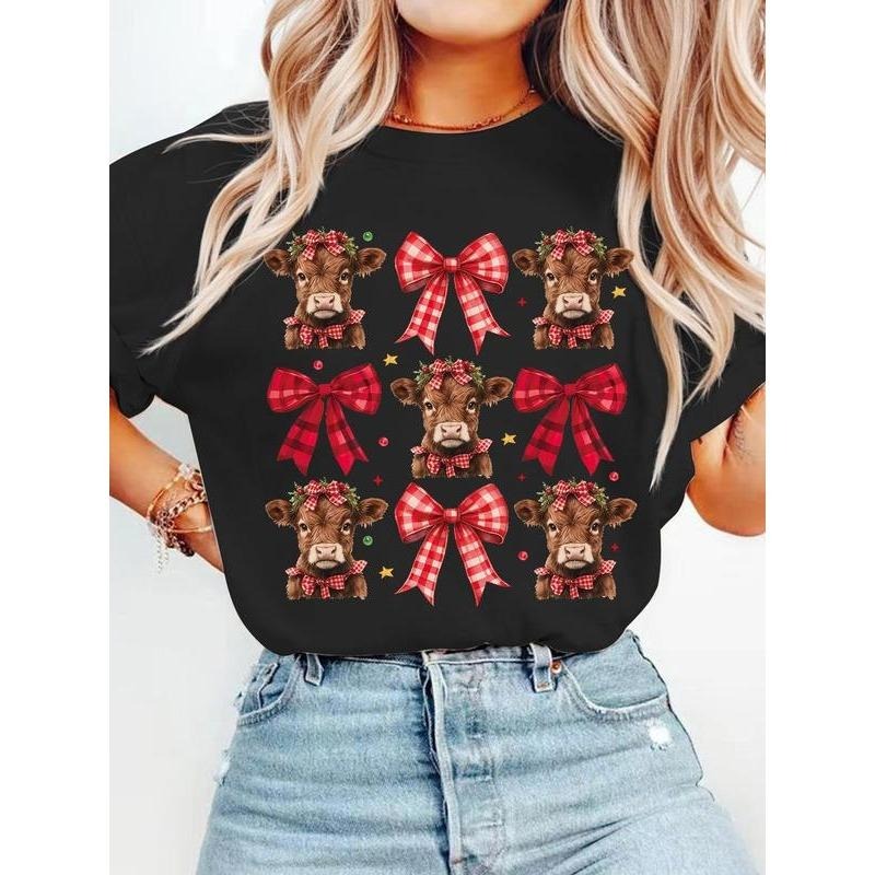 Women's Christmas Cow & Bow Print Drop Shoulder Tee, Casual Half Sleeve Round Neck T-shirt for Christmas, Women's Top for...