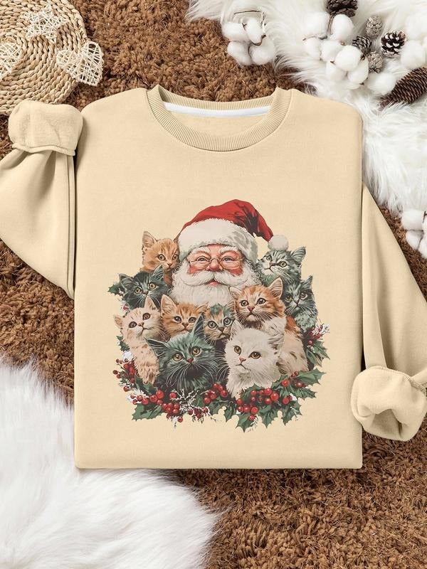 Women's Christmas Fleece Pullover Sweatshirt, Santa Claus & Cat Print, Casual Fall Winter Warm Top, Perfect for Holiday...