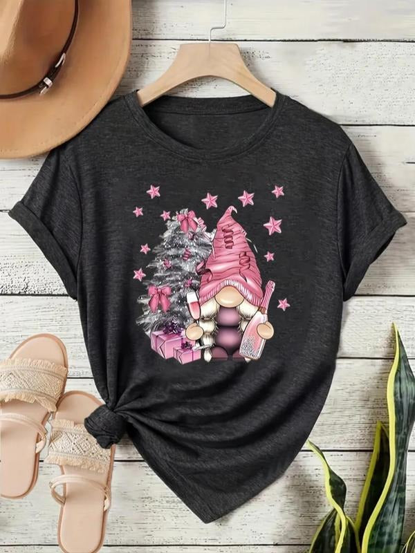 Women's Christmas Gnome Print Round Neck Tee, Casual Star & Tree Print Short Sleeve T-shirt for Daily Wear, Ladies...