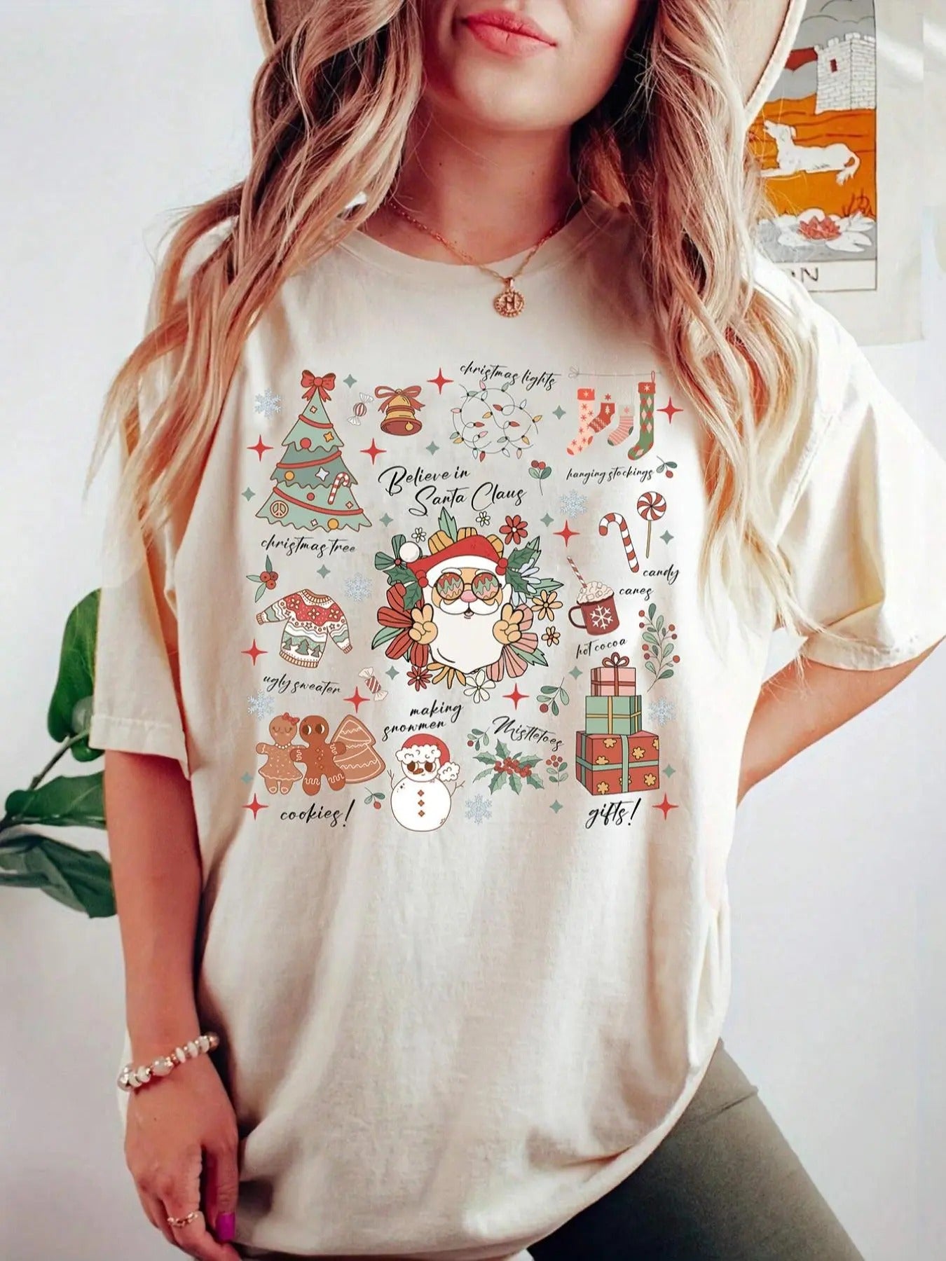 Women's Christmas Graphic Print Round Neck Tee, Casual Drop Shoulder Half Sleeve T-shirt for Daily Wear, Ladies Clothes...