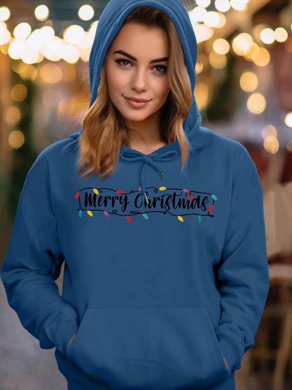 Women's Christmas Letter Print Drawstring Pocket Hoodie, Casual Drop Shoulder Long Sleeve Hooded Sweatshirt, Ladies Fall...