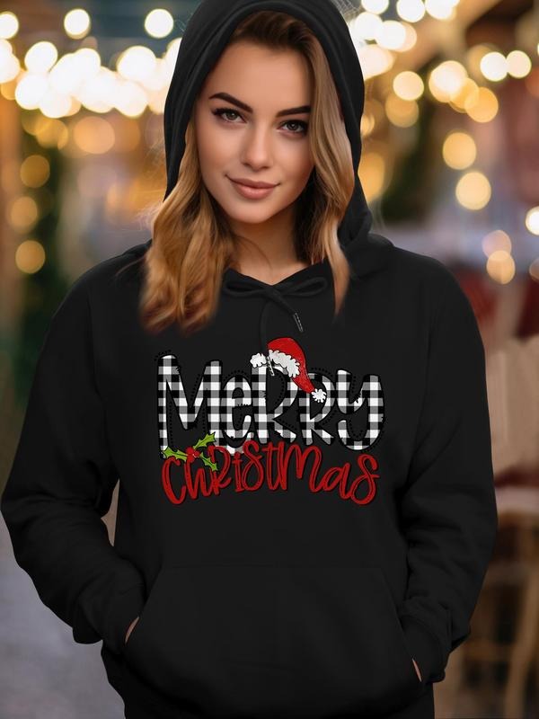 Women's Christmas Letter Print Drop Shoulder Long Sleeve Hoodie, Fashion Casual Drawstring Pocket Hooded Sweatshirt for...