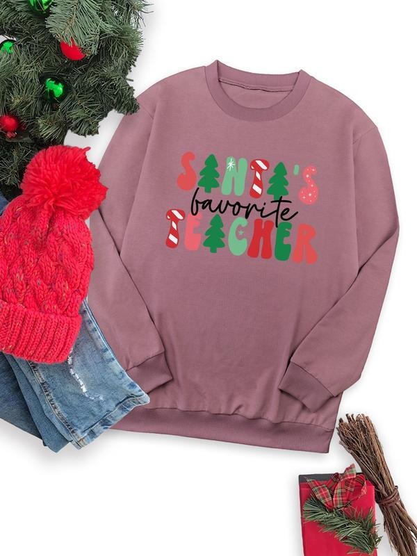 Women's Christmas Letter Print Drop Shoulder Sweatshirt, Casual Long Sleeve Round Neck Pullover for Fall & Winter, Ladies...