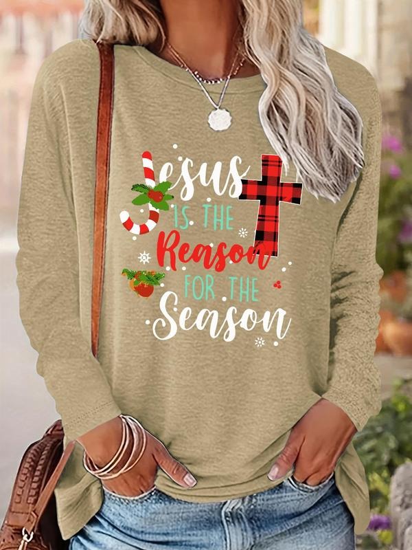 Women's Christmas Letter Print Drop Shoulder T-shirt, Casual Long Sleeve Round Neck Pullover for Daily Wear, Ladies Fall...