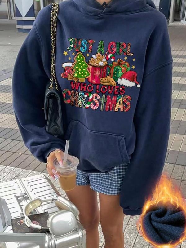 Women's Christmas Letter Print Hoodie, Casual Loose-Fit Fleece Pullover, Fall & Winter Thicken Kint Fabric Sweatshirt...