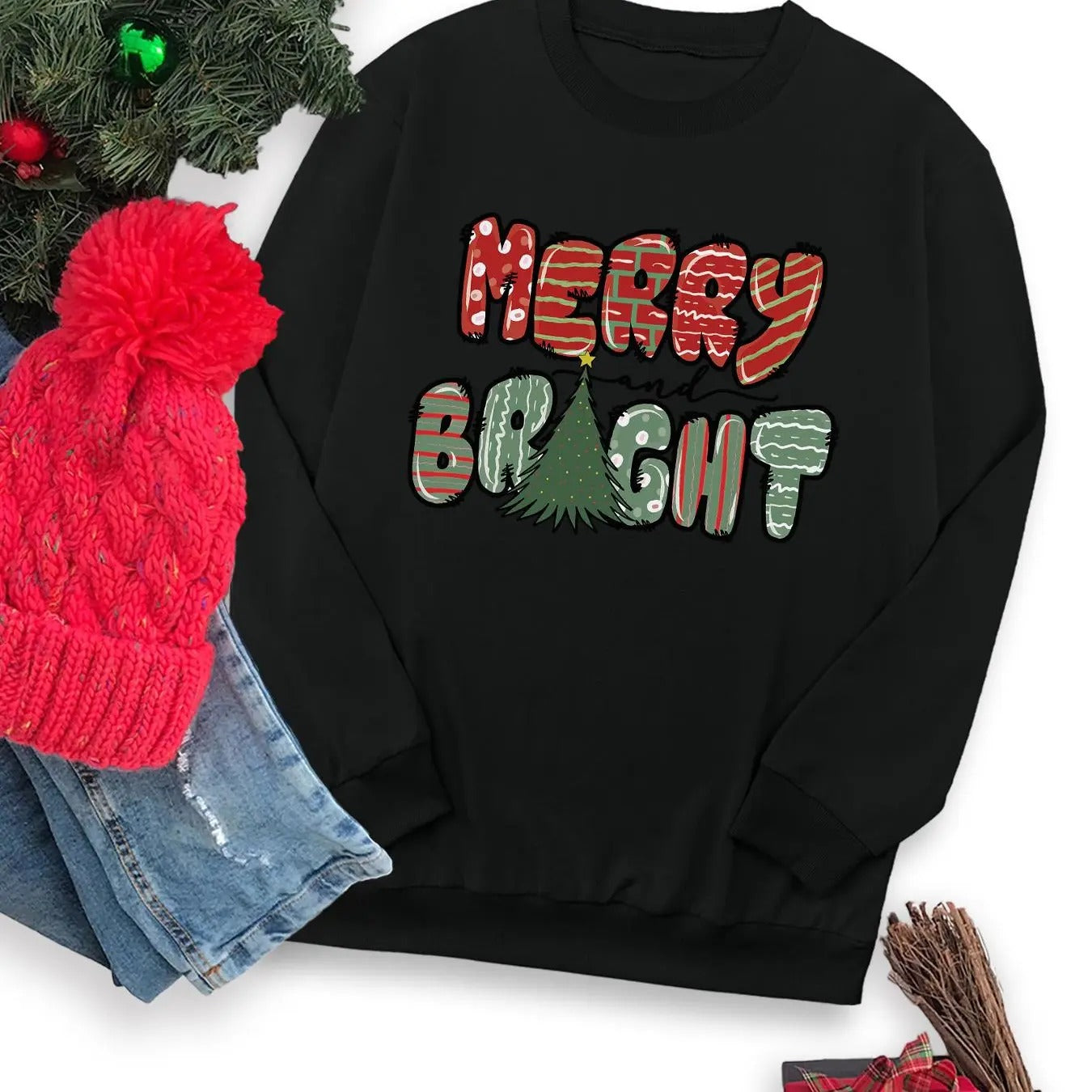 Women's Christmas Letter Print Round Neck Sweatshirt, Casual Long Sleeve Crew Neck Pullover for Fall & Winter, Women's...