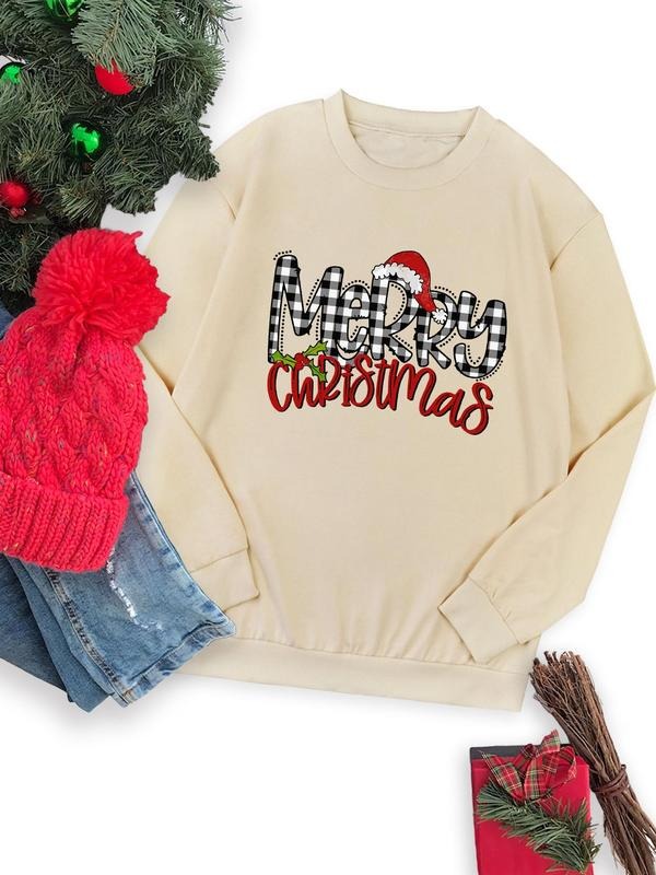 Women's Christmas Letter Print Round Neck Sweatshirt, Casual Long Sleeve Crew Neck Pullover for Fall & Winter, Women's...